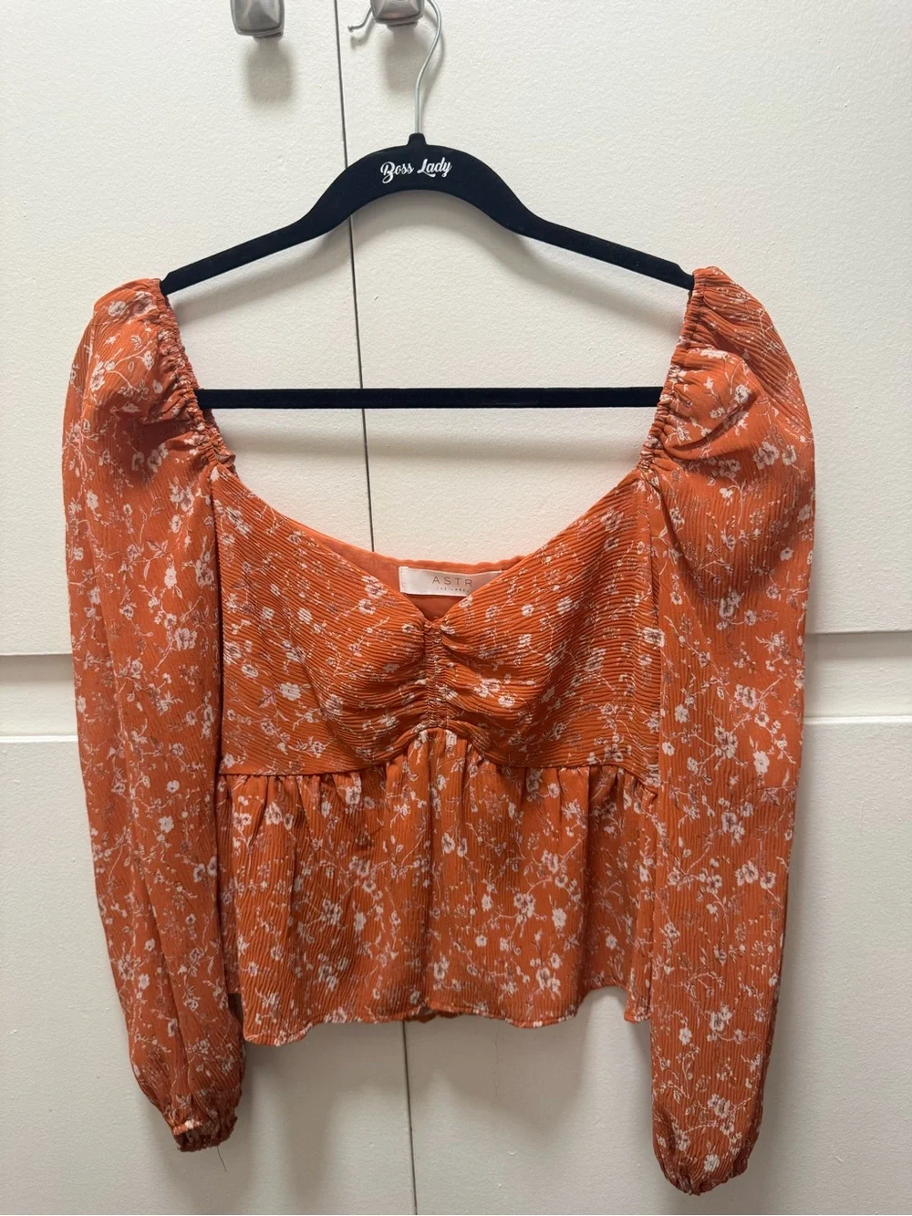 Astr Rust Floral Ruched Long-Sleeve Peplum Top